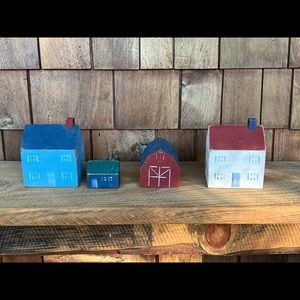 Set of 4 Primitive Wood Block Country Houses and Red Barn Americana Folk Art